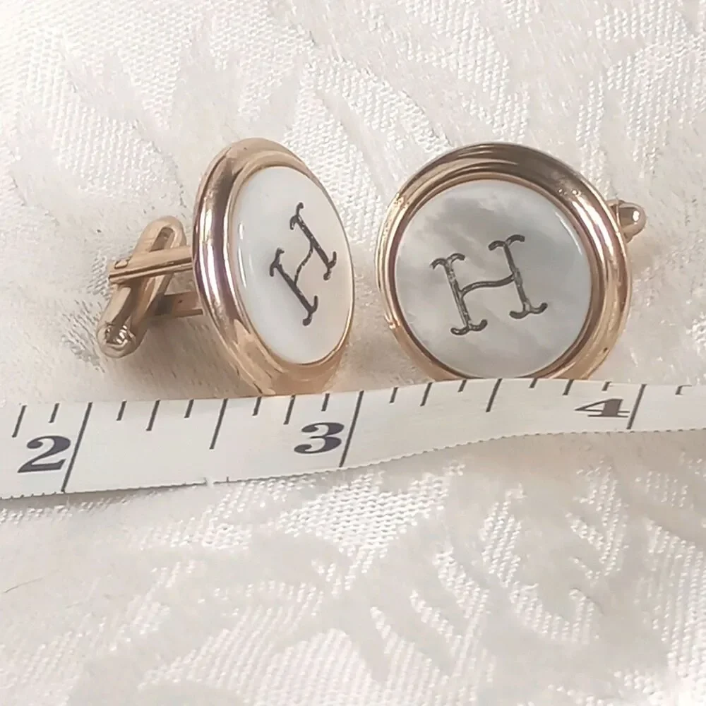 Vintage Mother of Pearl monogram H Button style Goldtone 1in  Cufflinks